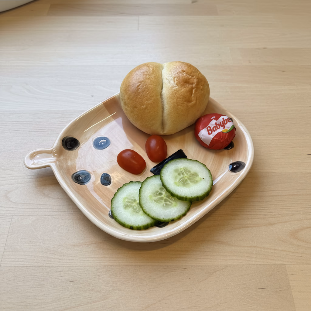 Kleines Kinder Frühstück mit Weggli, Babybel, Tomate & Gurke